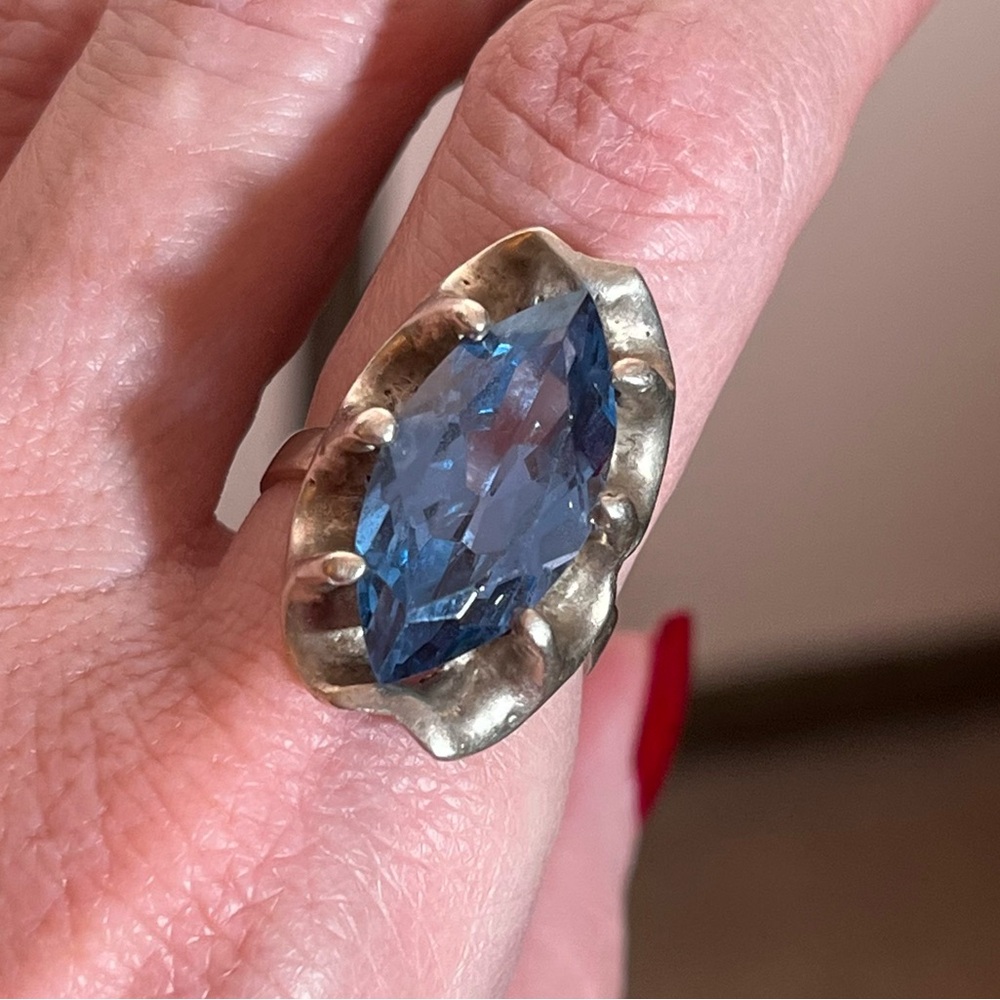 Antique art Deco Oversized Marquee Blue Topaz Brutalist Sterling Silver Ring - Picture 3 of 17